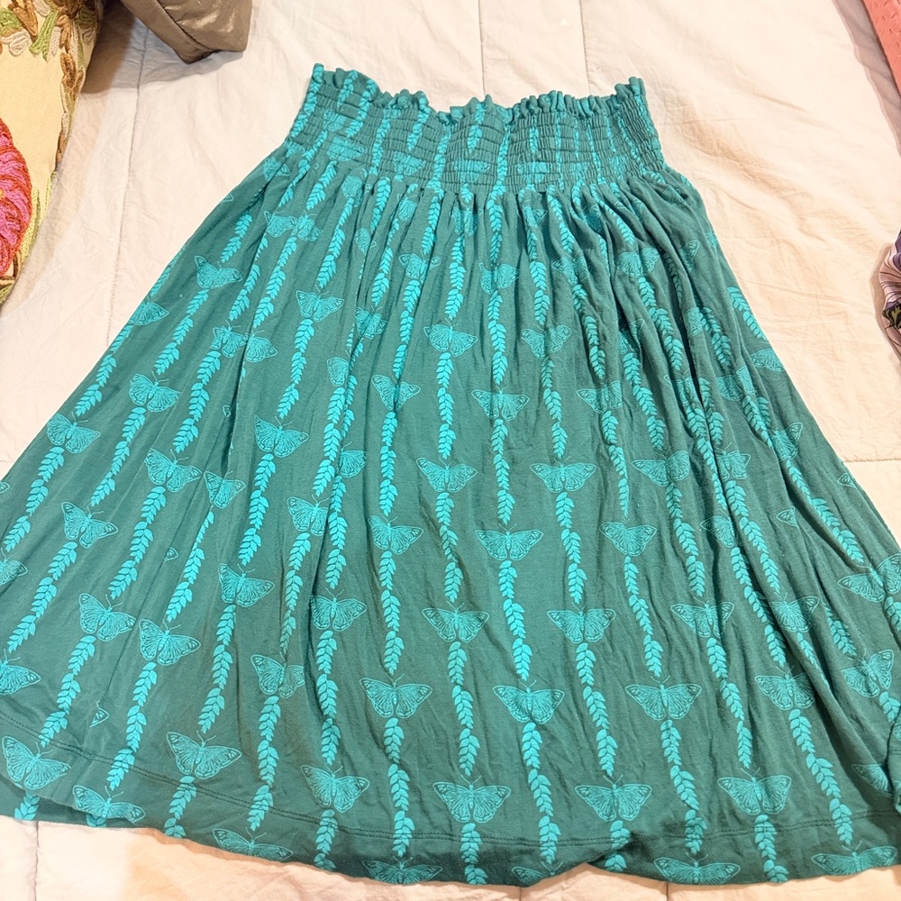 kate quinn Teal Printed Smocked-Waist Midi Skirt